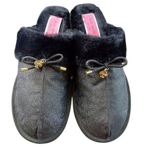 Kate Spade Black Glitter Fuzzy Slippers Bow Charm Cozy Slides Women’s L 9/10